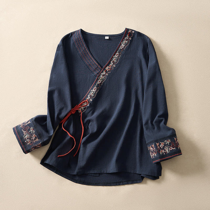 Chemise femme décontractée à manches longues, col en V et bretelles, ornée de fleurs brodées et de Buddha Stones - Marine - US8-10, UK/AU12-14, EU40-42 (3XL) - image 19