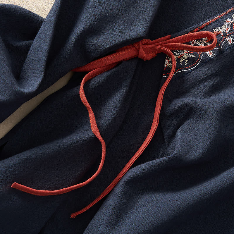 Chemise femme décontractée à manches longues, col en V et bretelles, ornée de fleurs brodées et de Buddha Stones - image 21