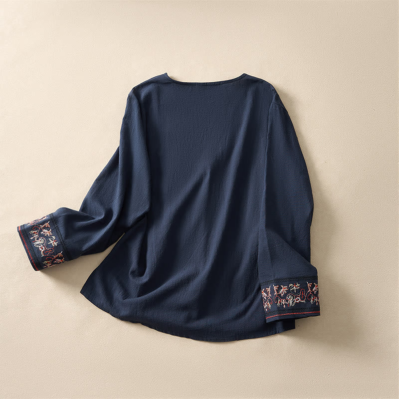 Chemise femme décontractée à manches longues, col en V et bretelles, ornée de fleurs brodées et de Buddha Stones - image 24