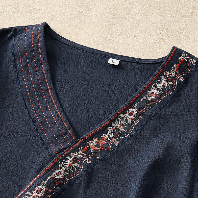 Chemise femme décontractée à manches longues, col en V et bretelles, ornée de fleurs brodées et de Buddha Stones - image 20