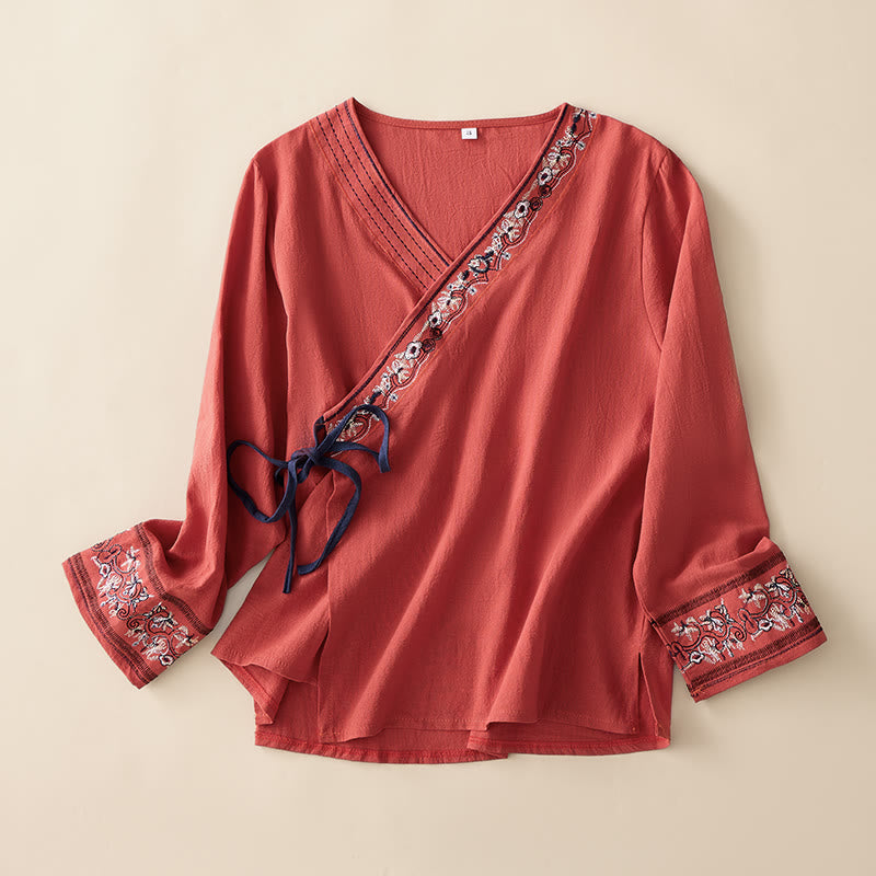Chemise femme décontractée à manches longues, col en V et bretelles, ornée de fleurs brodées et de Buddha Stones - FireBrick - US8-10, UK/AU12-14, EU40-42 (3XL) - image 0