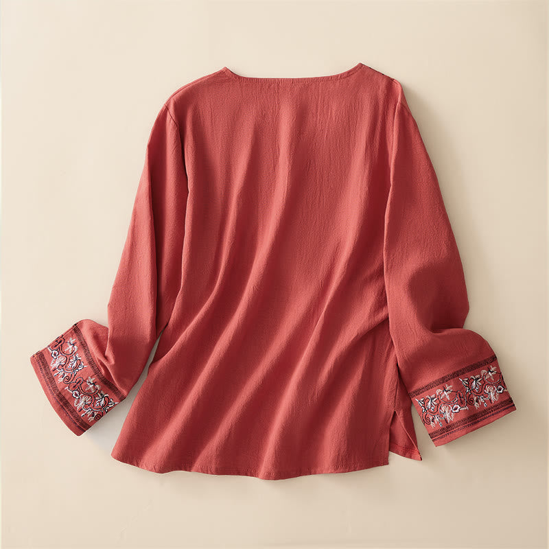 Chemise femme décontractée à manches longues, col en V et bretelles, ornée de fleurs brodées et de Buddha Stones - image 6