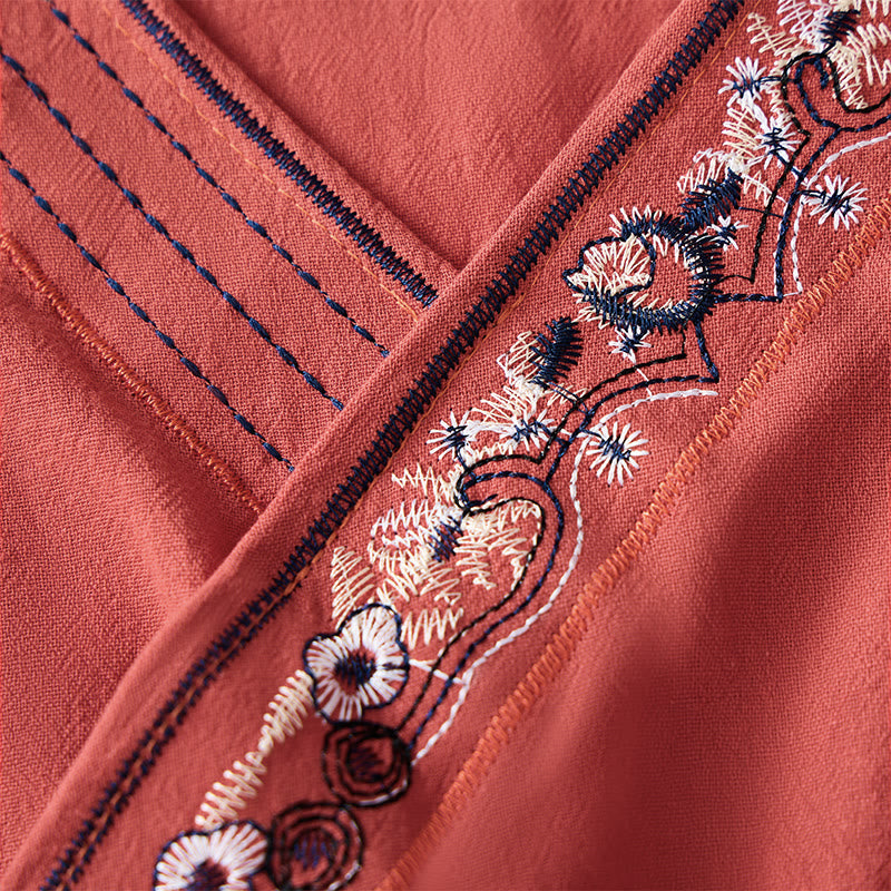 Chemise femme décontractée à manches longues, col en V et bretelles, ornée de fleurs brodées et de Buddha Stones - image 5