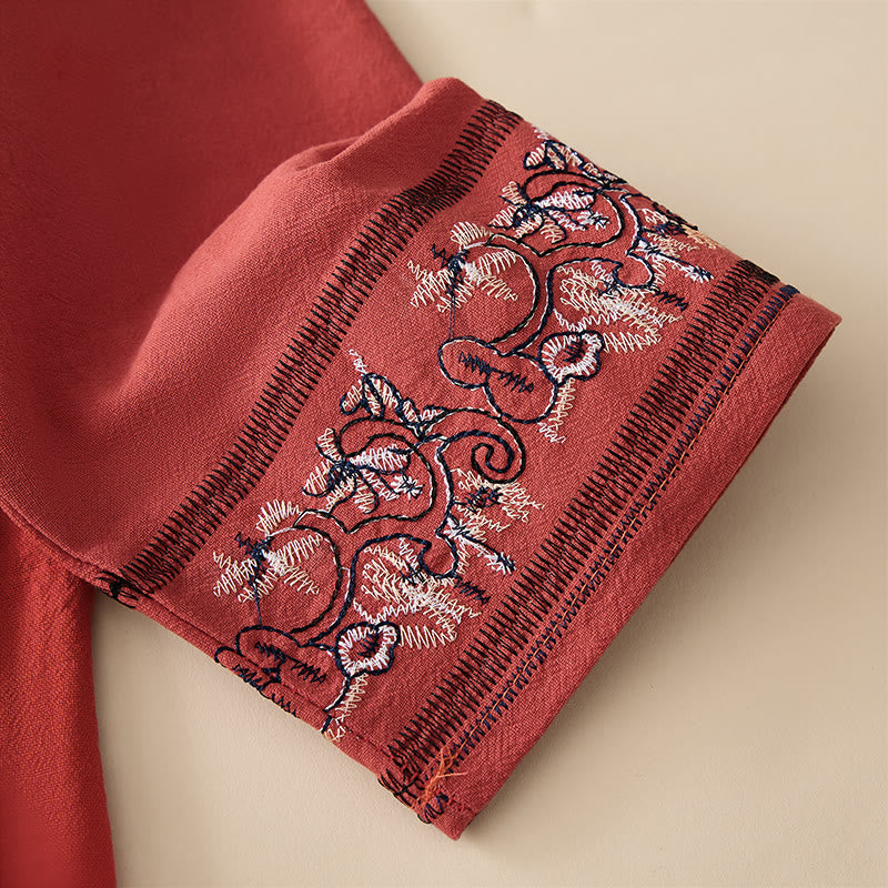 Chemise femme décontractée à manches longues, col en V et bretelles, ornée de fleurs brodées et de Buddha Stones - image 3