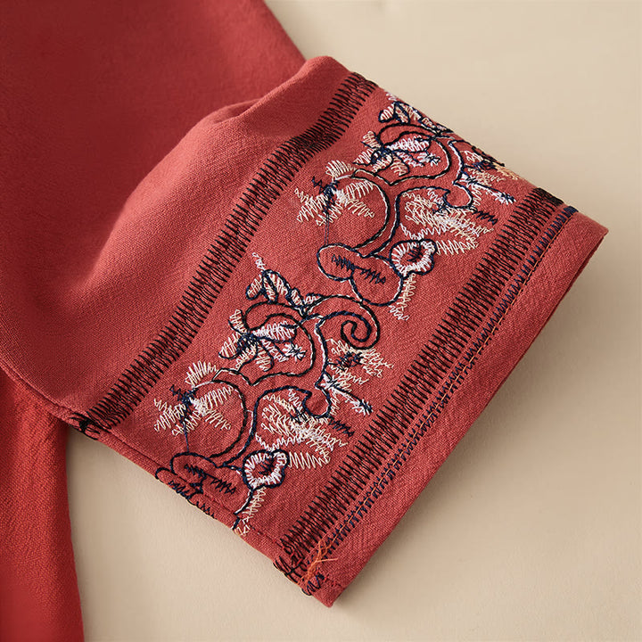 Chemise femme décontractée à manches longues, col en V et bretelles, ornée de fleurs brodées et de Buddha Stones - image 3