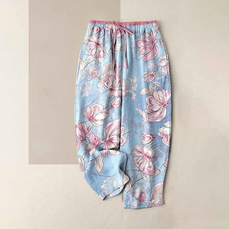 Buddha Stones Pantalon pour femme en pur coton rose romantique à motif floral, taille élastique et poches - Bleu clair - US16，UK/AU20，EU48 (3XL) - image 0