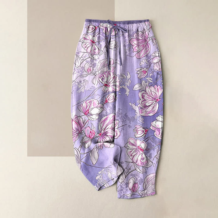 Buddha Stones Pantalon pour femme en pur coton rose romantique à motif floral, taille élastique et poches - Violet moyen - US16，UK/AU20，EU48 (3XL) - image 3