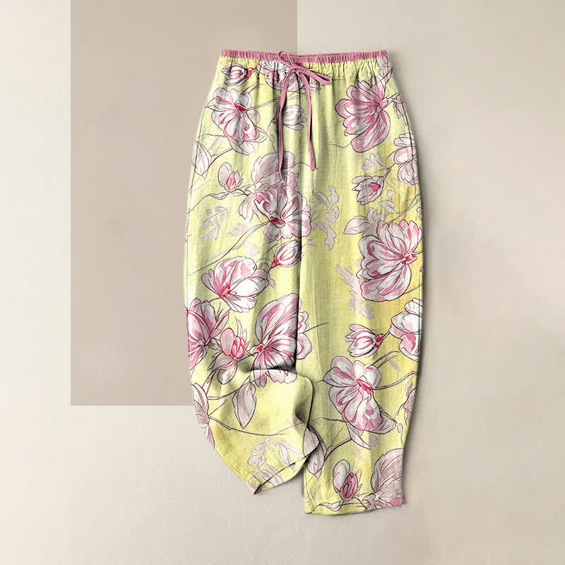 Buddha Stones Pantalon pour femme en pur coton rose romantique à motif floral, taille élastique et poches - Jaune - US16，UK/AU20，EU48 (3XL) - image 4