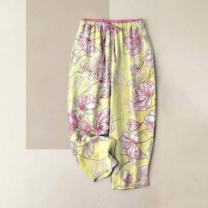Buddha Stones Pantalon pour femme en pur coton rose romantique à motif floral, taille élastique et poches - Jaune - US16，UK/AU20，EU48 (3XL) - image 4