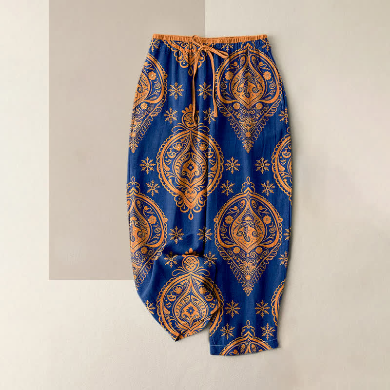 Buddha Stones Pantalon pour femme en pur coton à motif floral, taille élastique et poches - Bleu royal - US16，UK/AU20，EU48 (3XL) - image 0