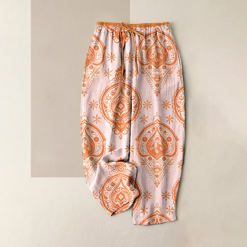 Buddha Stones Pantalon pour femme en pur coton à motif floral, taille élastique et poches - MistyRose - US16，UK/AU20，EU48 (3XL) - image 3