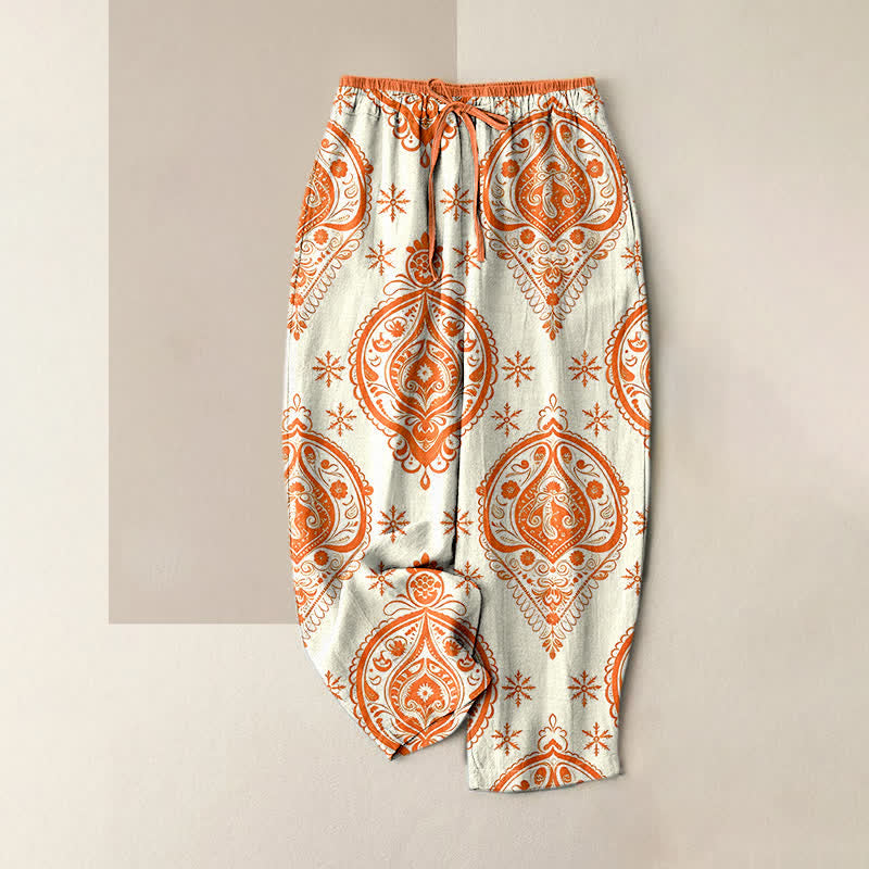 Buddha Stones Pantalon pour femme en pur coton à motif floral, taille élastique et poches - Ivoire - US16，UK/AU20，EU48 (3XL) - image 4