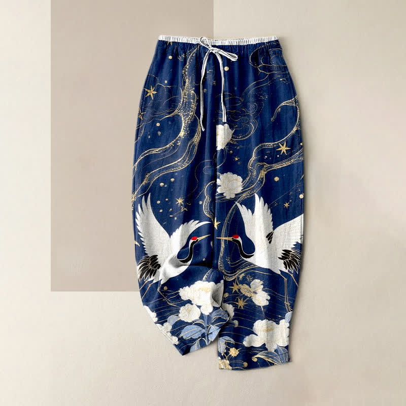 Buddha Stones Pantalon pour femme en pur coton, élégant motif floral de grues, taille élastique et poches - Marine - US16，UK/AU20，EU48 (3XL) - image 0