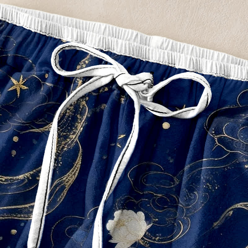 Buddha Stones Pantalon pour femme en pur coton, élégant motif floral de grues, taille élastique et poches - image 1