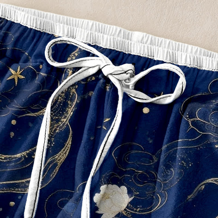Buddha Stones Pantalon pour femme en pur coton, élégant motif floral de grues, taille élastique et poches - image 1