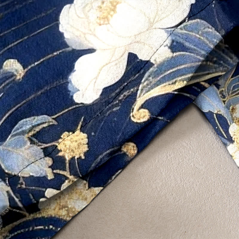 Buddha Stones Pantalon pour femme en pur coton, élégant motif floral de grues, taille élastique et poches - image 2