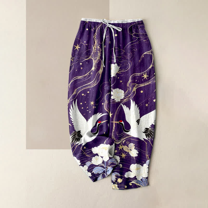 Buddha Stones Pantalon pour femme en pur coton, élégant motif floral de grues, taille élastique et poches - Violet - US16，UK/AU20，EU48 (3XL) - image 4