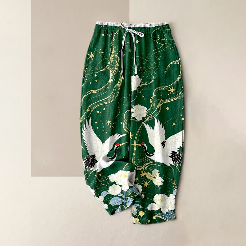 Buddha Stones Pantalon pour femme en pur coton, élégant motif floral de grues, taille élastique et poches - Vert forêt - US16，UK/AU20，EU48 (3XL) - image 5