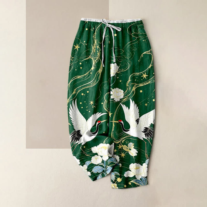 Buddha Stones Pantalon pour femme en pur coton, élégant motif floral de grues, taille élastique et poches - Vert forêt - US16，UK/AU20，EU48 (3XL) - image 5