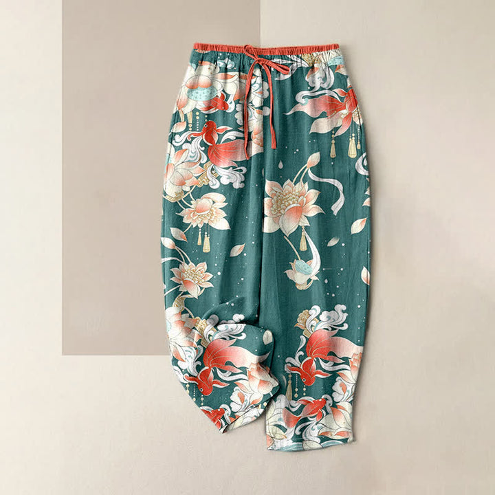Buddha Stones Pantalon pour femme en pur coton, motif de carpes koï rouges lotus, taille élastique et poches - DarkCyan - US16，UK/AU20，EU48 (3XL) - image 0