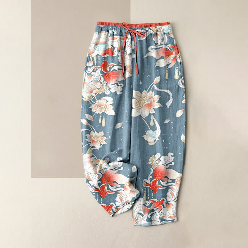 Buddha Stones Pantalon pour femme en pur coton, motif de carpes koï rouges lotus, taille élastique et poches - Bleu clair - US16，UK/AU20，EU48 (3XL) - image 3