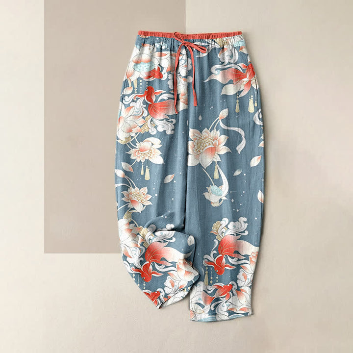 Buddha Stones Pantalon pour femme en pur coton, motif de carpes koï rouges lotus, taille élastique et poches - Bleu clair - US16，UK/AU20，EU48 (3XL) - image 3