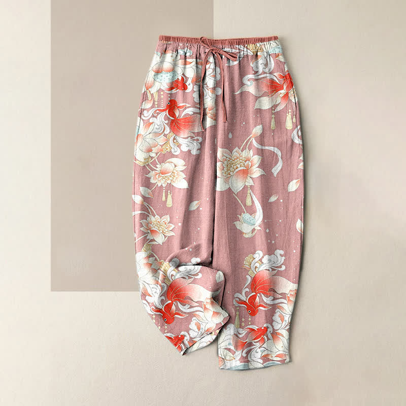 Buddha Stones Pantalon pour femme en pur coton, motif de carpes koï rouges lotus, taille élastique et poches - Rose clair - US16，UK/AU20，EU48 (3XL) - image 4