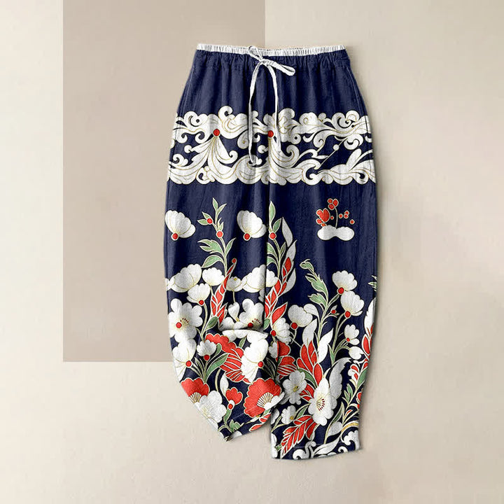 Buddha Stones Pantalon pour femme en pur coton, motif floral bohème nuage, taille élastique et poches - Marine - US16，UK/AU20，EU48 (3XL) - image 0