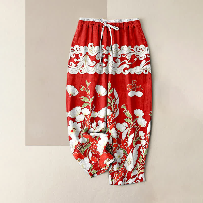 Buddha Stones Pantalon pour femme en pur coton, motif floral bohème nuage, taille élastique et poches - Rouge - US16，UK/AU20，EU48 (3XL) - image 3