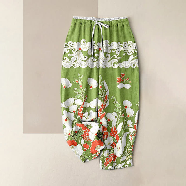 Buddha Stones Pantalon pour femme en pur coton, motif floral bohème nuage, taille élastique et poches - JauneVert - US16，UK/AU20，EU48 (3XL) - image 4