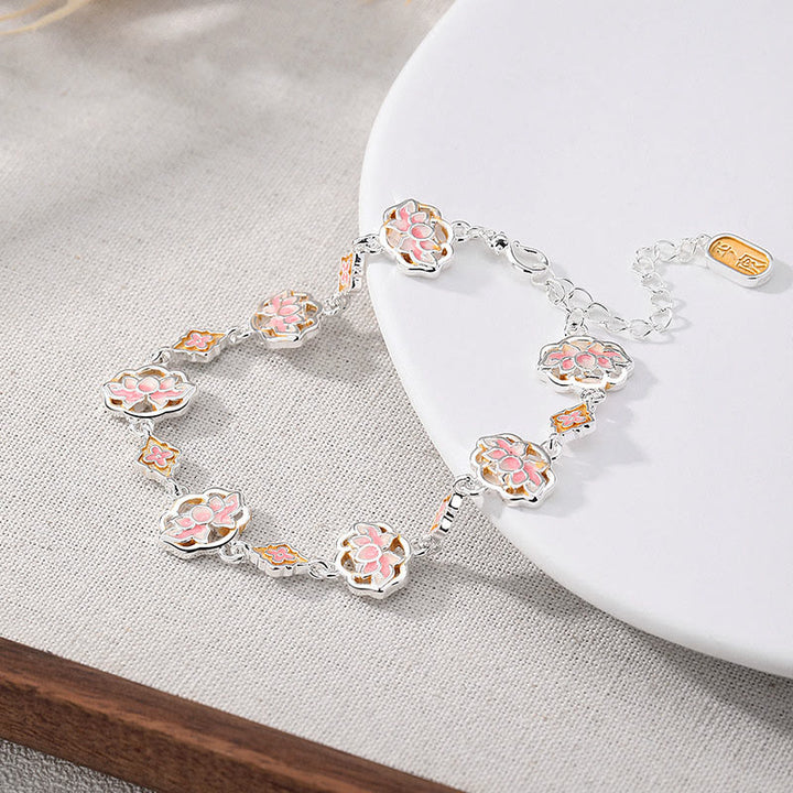 Buddha Stones Bracelet en cuivre émaillé à motif floral de lotus, symbole de nouveau départ - Rose (Tour de poignet : 17–22 cm) - image 0