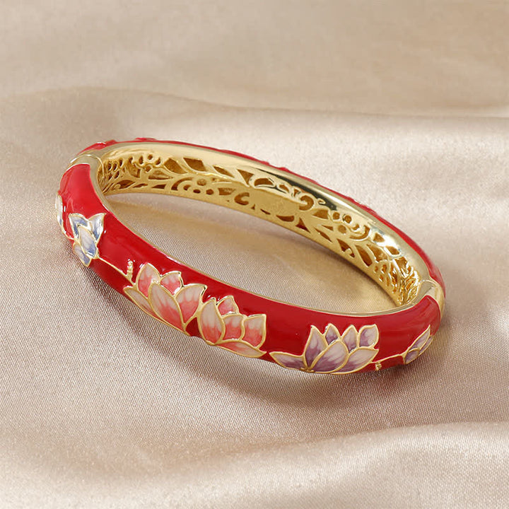 Buddha Stones Bracelet jonc des Lumières en émail cloisonné Lotus en cuivre - Rouge - image 0