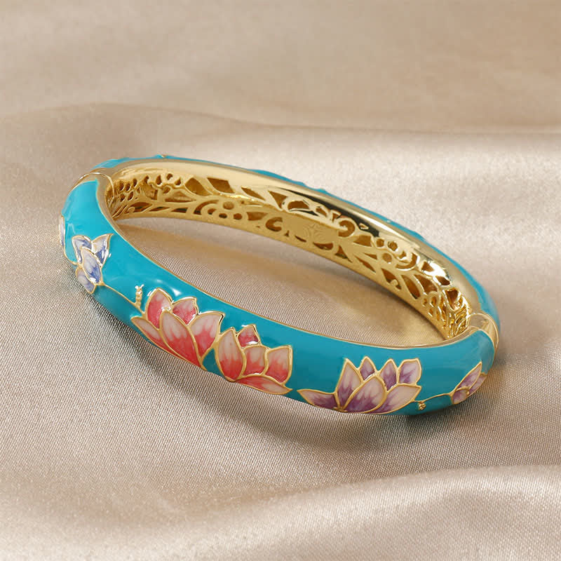 Buddha Stones Bracelet jonc des Lumières en émail cloisonné Lotus en cuivre - Bleu turquoise - image 3