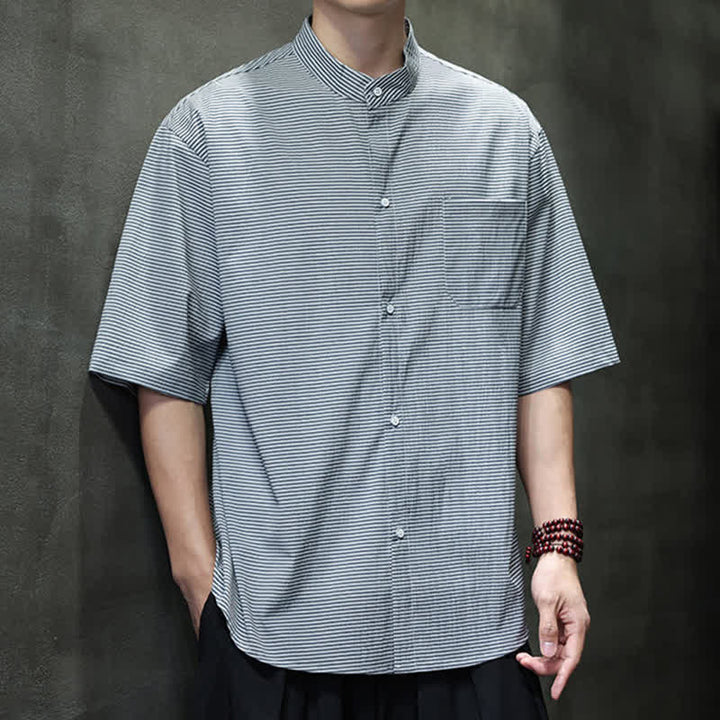 Buddha Stones Chemises à manches courtes pour hommes, style décontracté d'été, à col mandarin et à fines rayures. - image 13
