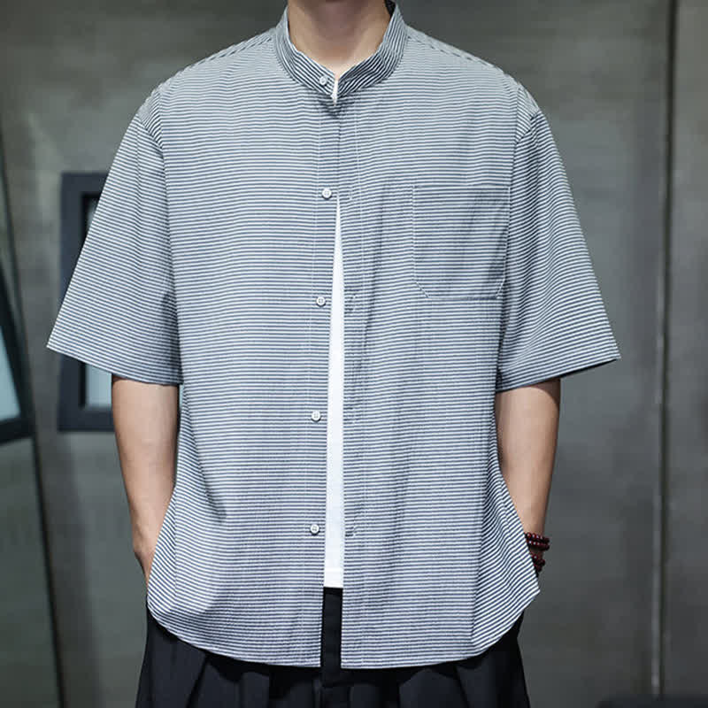 Buddha Stones Chemises à manches courtes pour hommes, style décontracté d'été, à col mandarin et à fines rayures. - Bleu clair - US/UK/AU46，EU56 (5XL) - image 8