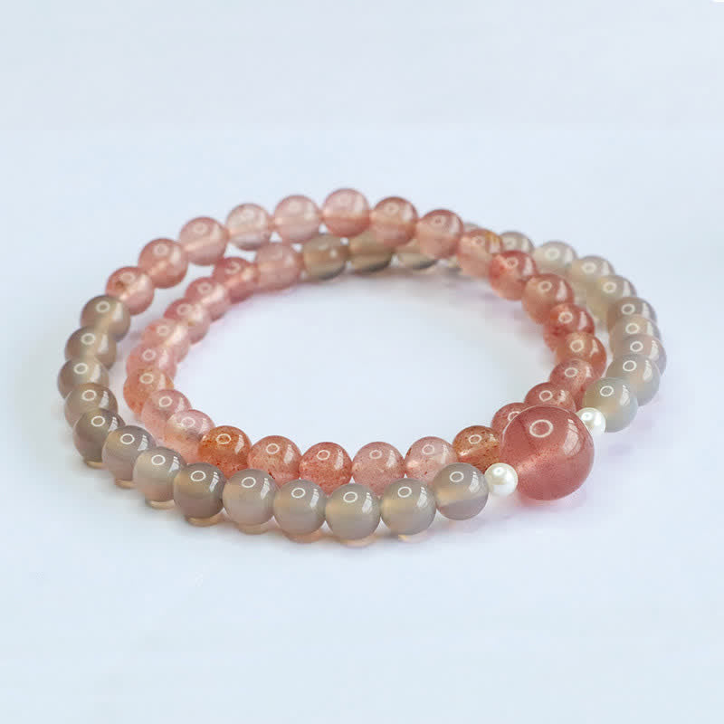 Buddha Stones Bracelet double tour positif en quartz fraise et agate grise - image 4