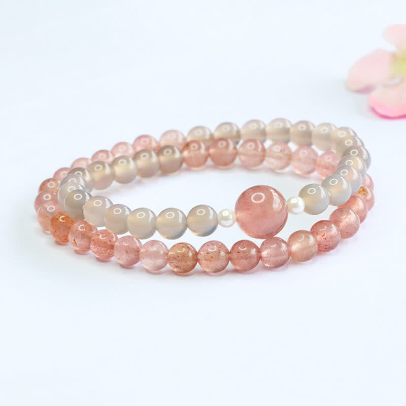 Buddha Stones Bracelet double tour positif en quartz fraise et agate grise - image 2