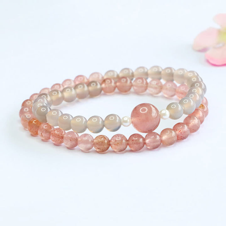 Buddha Stones Bracelet double tour positif en quartz fraise et agate grise - image 2