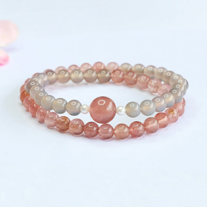 Buddha Stones Bracelet double tour positif en quartz fraise et agate grise - image 1