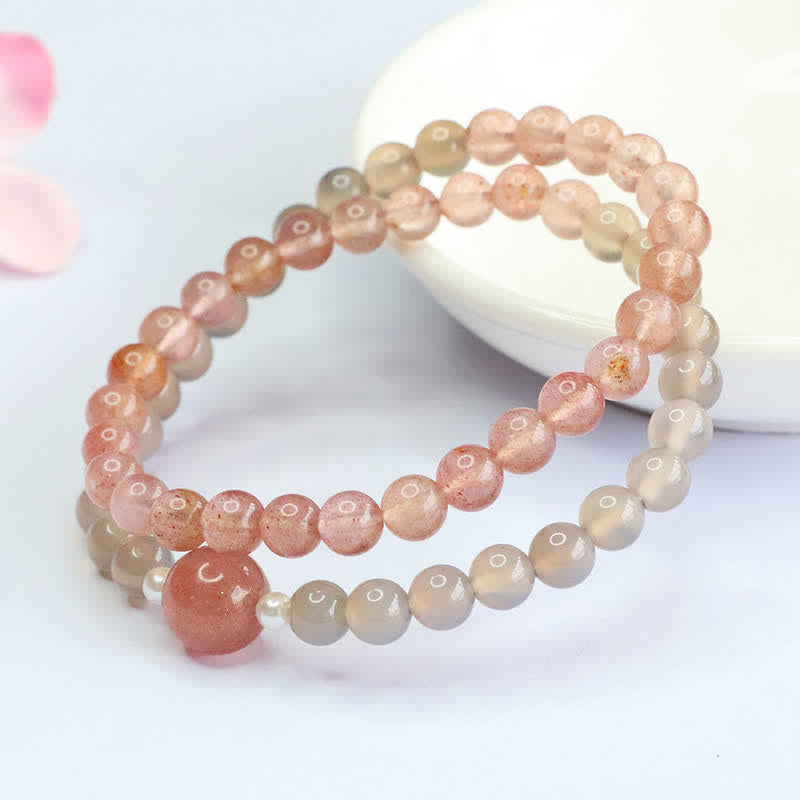 Buddha Stones Bracelet double tour positif en quartz fraise et agate grise - image 3