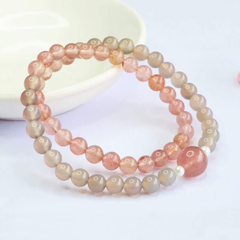 Buddha Stones Bracelet double tour positif en quartz fraise et agate grise - Quartz fraise (Tour de poignet : 14–15 cm) - image 0