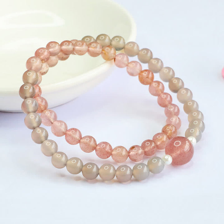 Buddha Stones Bracelet double tour positif en quartz fraise et agate grise - Quartz fraise (Tour de poignet : 14–15 cm) - image 0