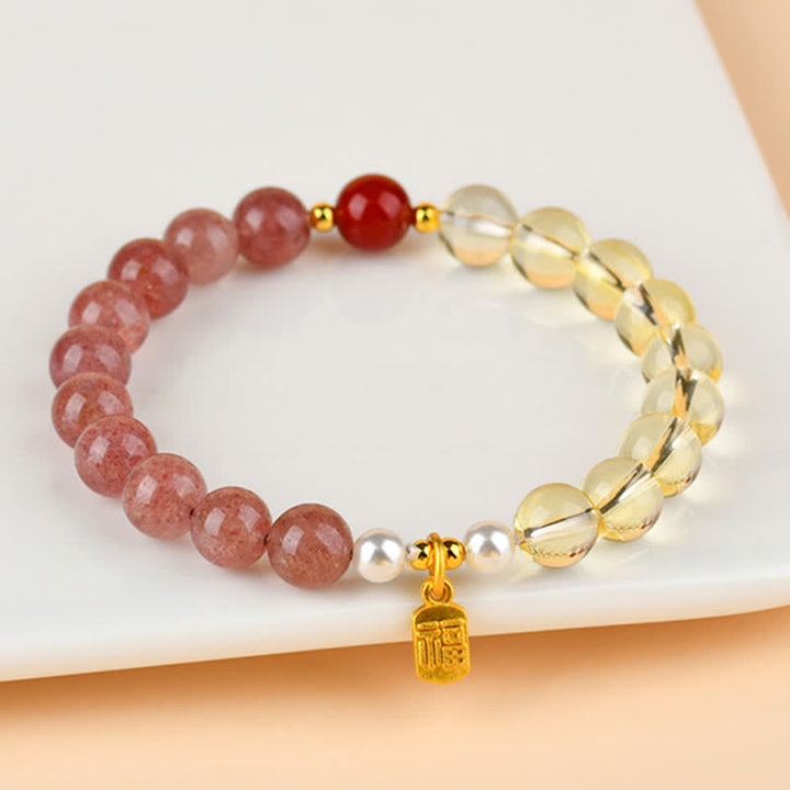 Buddha Stones Bracelet porte-bonheur des cinq éléments Fu en quartz fraise et citrine - image 1