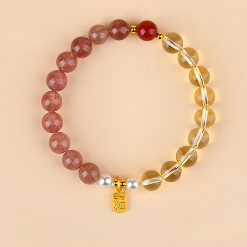 Buddha Stones Bracelet porte-bonheur des cinq éléments Fu en quartz fraise et citrine - Feu Métal Terre (Tour de poignet : 15–16 cm) - image 0