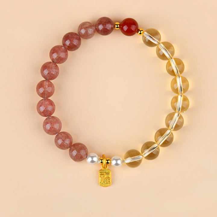 Buddha Stones Bracelet porte-bonheur des cinq éléments Fu en quartz fraise et citrine - Feu Métal Terre (Tour de poignet : 15–16 cm) - image 0