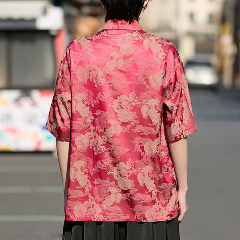 Buddha Stones Chemises à manches courtes pour hommes, style Tang, avec boutons grenouille et motifs animaux - image 1