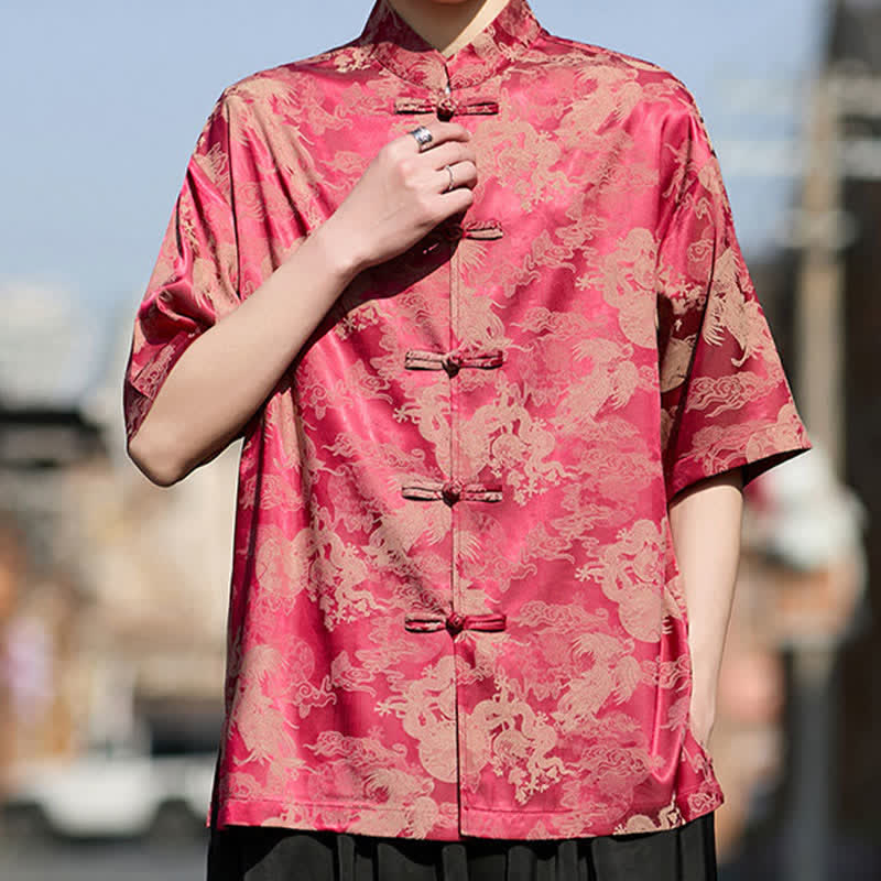 Buddha Stones Chemises à manches courtes pour hommes, style Tang, avec boutons grenouille et motifs animaux - image 5