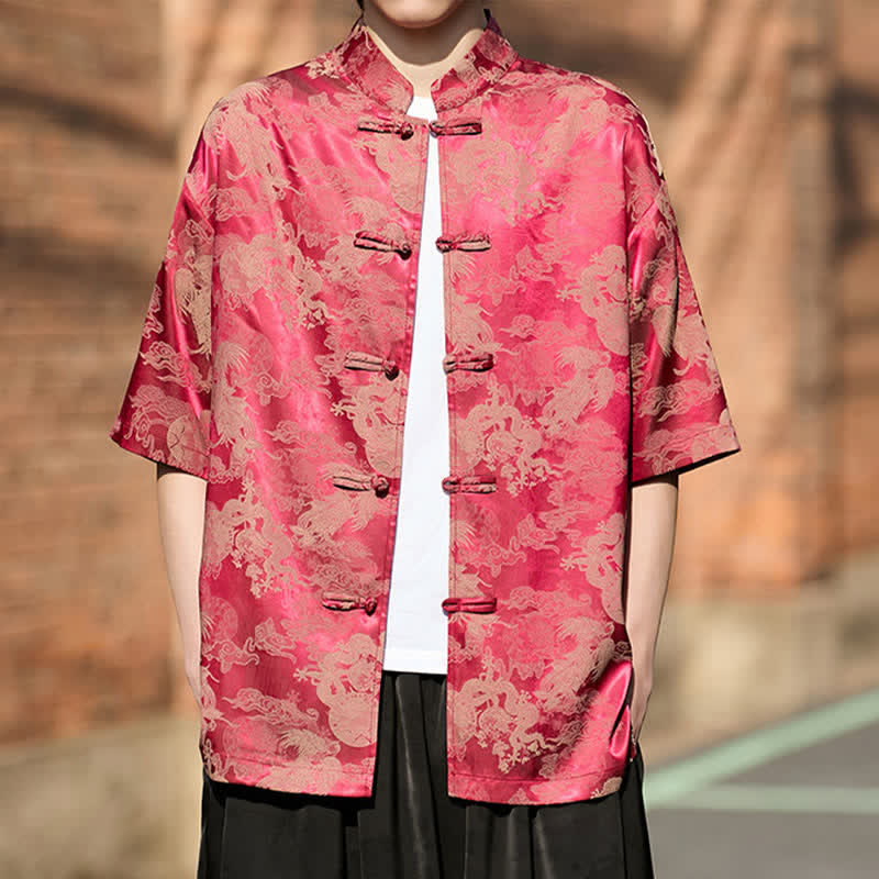 Buddha Stones Chemises à manches courtes pour hommes, style Tang, avec boutons grenouille et motifs animaux - image 2
