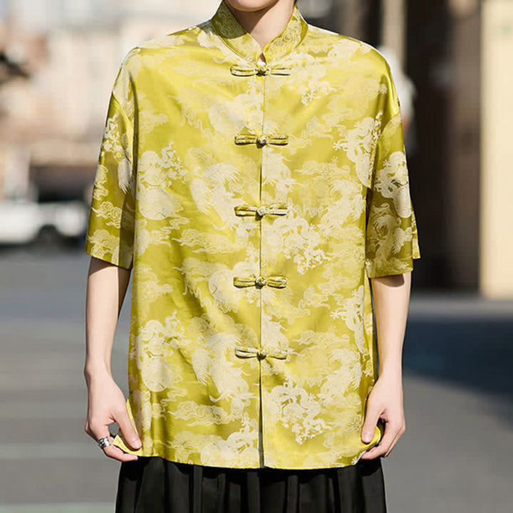 Buddha Stones Chemises à manches courtes pour hommes, style Tang, avec boutons grenouille et motifs animaux - Jaune - US/UK/AU46，EU56 (5XL) - image 10