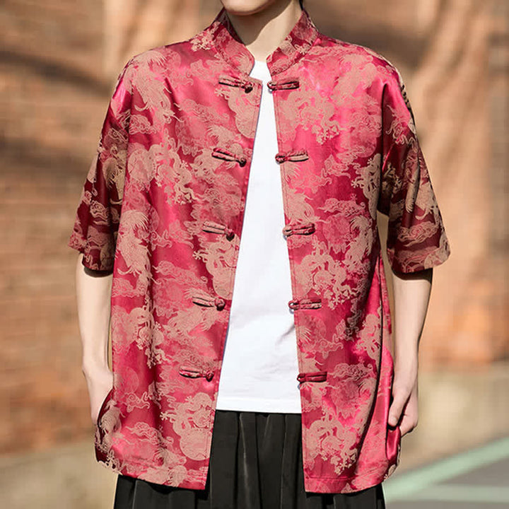 Buddha Stones Chemises à manches courtes pour hommes, style Tang, avec boutons grenouille et motifs animaux - image 4